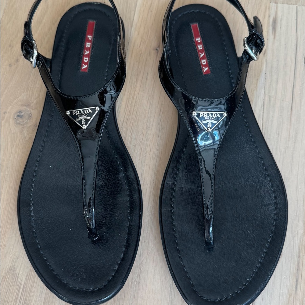 Prada Black Patent Leather Flat Sandals